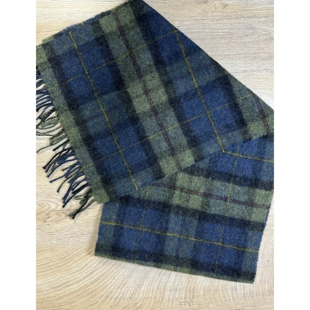Liberty London 100% Lambswool Scarf Made In Scotland Plaid Fringe  Blue/Green